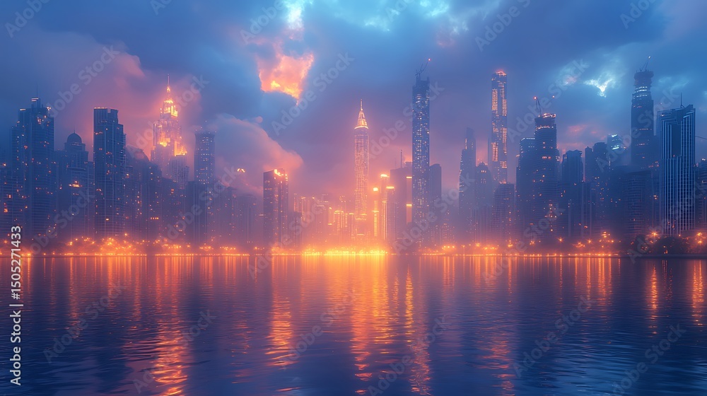 Fototapeta premium Cityscape reflecting in water at dusk with glowing lights and hazy atmosphere