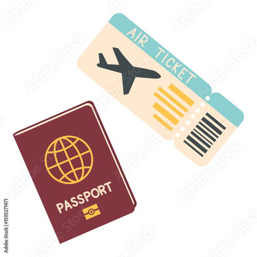 Flat vector illustration of passport and air ticket. Travel concept isolated on white background