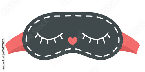 Flat vector illustration of cute black sleeping mask with closed eyes and heart. Sleeping accessory isolated on white for sleep and relaxation themes.