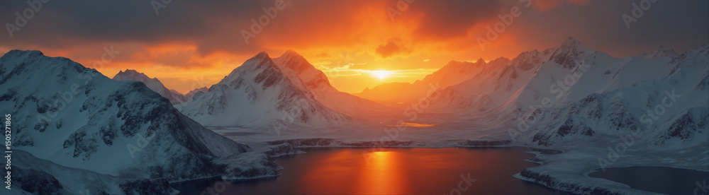 Fototapeta premium A beautiful northern landscape at sunset, with snow-covered mountains and a lake.