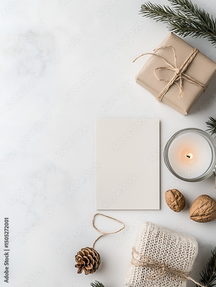 Blank Card Beside Gifts Candles and Nuts on White Marble Blank Card Beside Gifts Candles and Nuts on White Marble