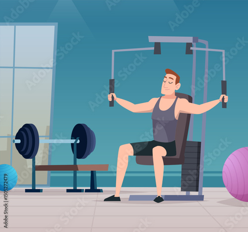 Gym. Man does exercises on his pectoral muscles and using sports simulator
