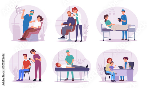 Healthcare concept. Set pictures of medical services exact vector doctors consult patients