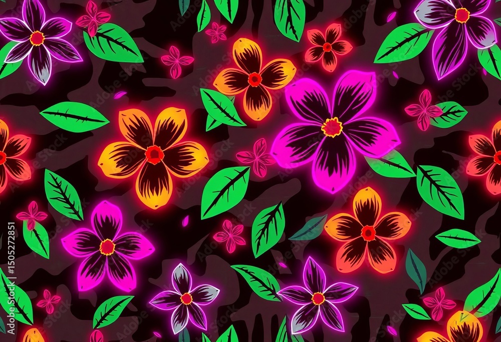 Neon brush stroke camouflage with cyberpunk style neon flowers, grunge texture seamless vector pattern, electric, vivid Neon brush stroke camouflage with cyberpunk style neon flowers, grunge texture seamless vector pattern, electric, vivid
