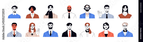 Business people avatars set. Professional male and female portraits. Office workers, entrepreneurs, employees in suits, glasses, user profiles. Flat vector illustration isolated on white background