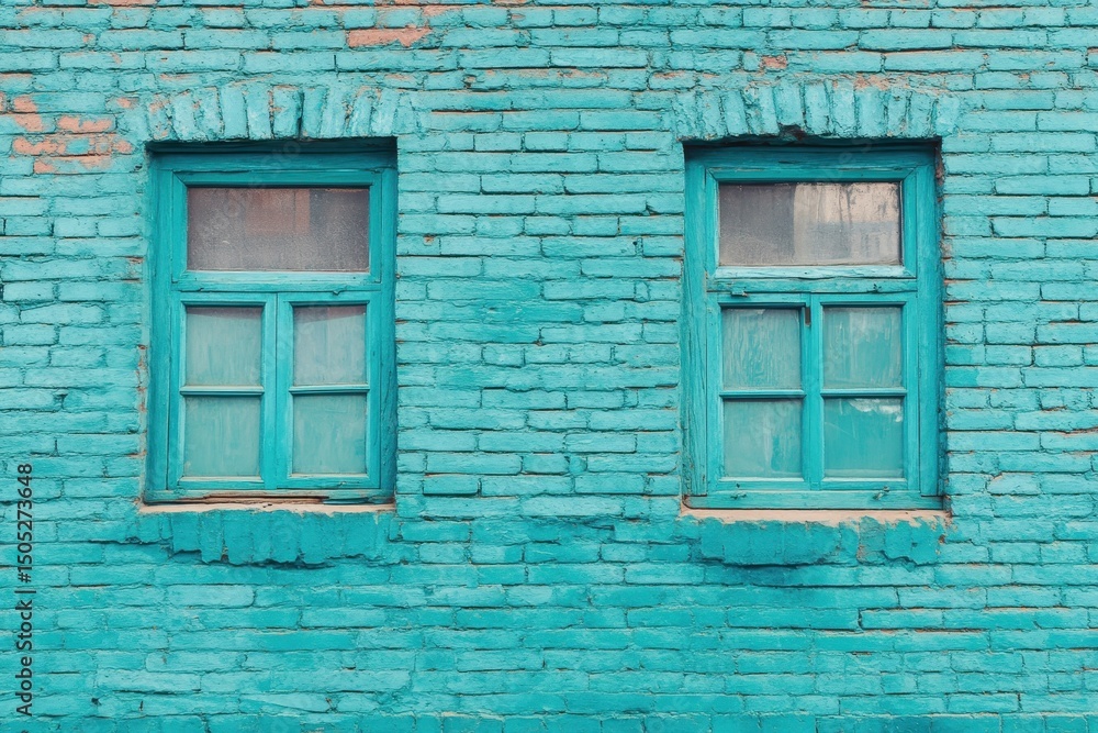 Fototapeta premium Teal Brick Wall Texture with Painted Windows and Blue Glass Elements