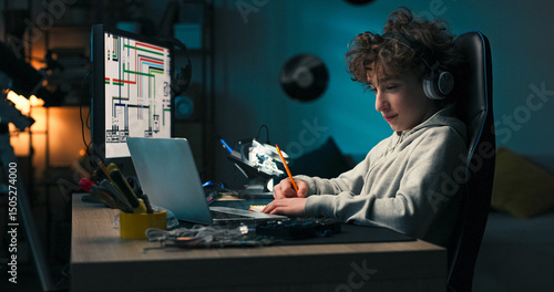 Fotografie Focused and calm, the student combines laptop research with sketching in his notebook
