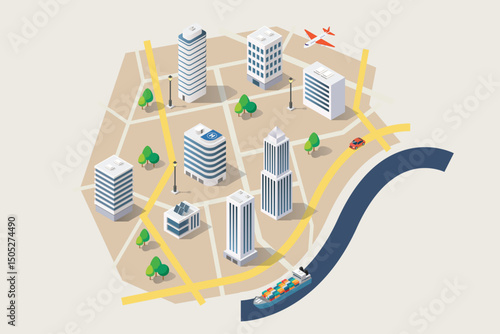  Isometric Map with Road and Street Infographic Design Template