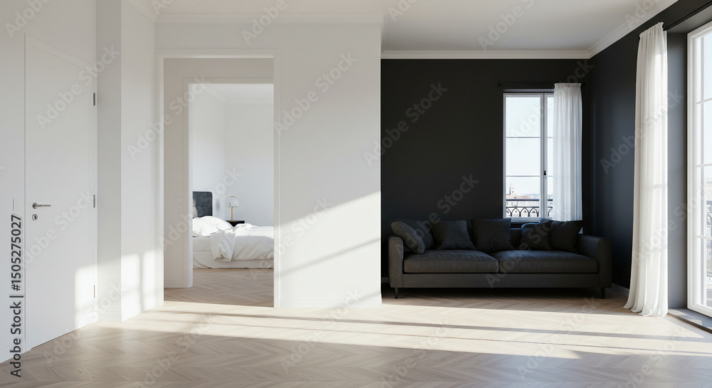 Obraz premium A minimalistic and stylish luxury apartment interior, featuring a bright white bedroom contrasting with a dark living room, showcasing an open layout bathed in amazing sun rays during the day