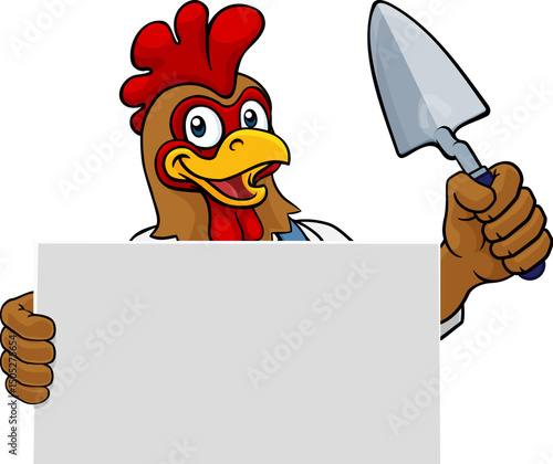A bricklayer rooster chicken handyman cartoon construction mascot character holding a trowel tool