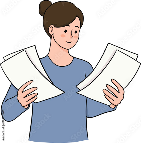 A diligent woman carefully reviewing or reading important documents and papers. Perfect for themes of administration, study, paperwork, data analysis, office work, or important communications.