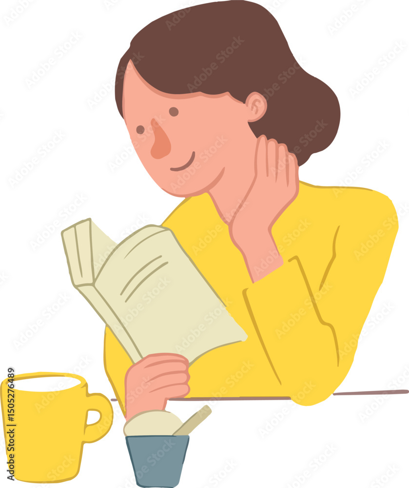 illustration of a woman enjoying a quiet moment, engrossed in reading a book with a warm drink by her side. This image beautifully captures relaxation, learning, leisure, and personal enjoyment, perfe illustration of a woman enjoying a quiet moment, engrossed in reading a book with a warm drink by her side. This image beautifully captures relaxation, learning, leisure, and personal enjoyment, perfe