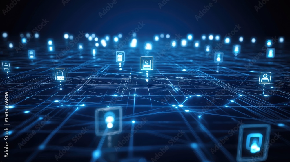 Obraz premium Abstract digital network visualization showing interconnected nodes and data flow