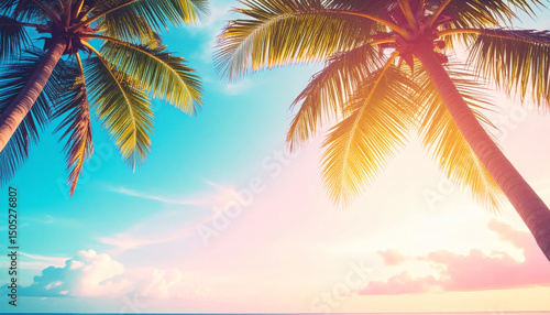 Tropical Palm Tree with Sunlight at Sunset Sky and Cloud Abstract Background for Vibrant Nature Visuals