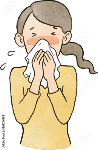 illustration of a woman sneezing or blowing her nose into a tissue, showing common cold or allergy symptoms. This image is perfect for health-related content, seasonal illness awareness, or educationa