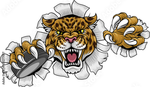 A jaguar, panther, leopard or cheetah wildcat spotted cat hockey sports team mascot holding an ice hockey puck