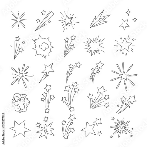 Doodle line sparkle vector set, hand drawn shining stars, comic burst elements, and decorative glowing sparkling star highlight. Cartoon explosion, dynamic light flash, twinkle star, firework effect