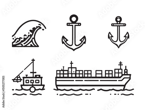 Vector seaport line art with cargo ships and cranes