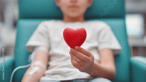 A young person with a white colored shirt, holding a bright red love in their hand, while donating blood with an IV line in a teal-colored medical waiting chair
