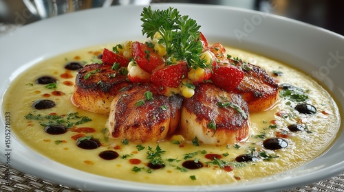 Creamy sweet corn soup served with seared lobster medallions