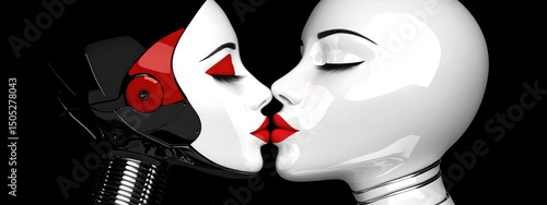 Close-up of black and white female silhouettes with makeup on a black background. Futuristic concept of artificial intelligence and robotics. The future and new technologies. Generative AI.