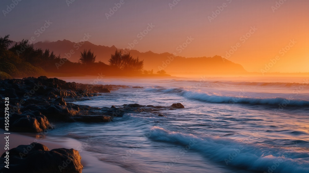 Obraz premium Serene sunset over rocky hawaiian beach with waves and mountains