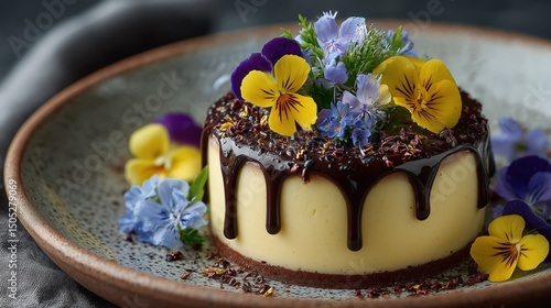 Light and airy passion fruit mousse with dark chocolate and decorated with edible flowers Von Shootdiem