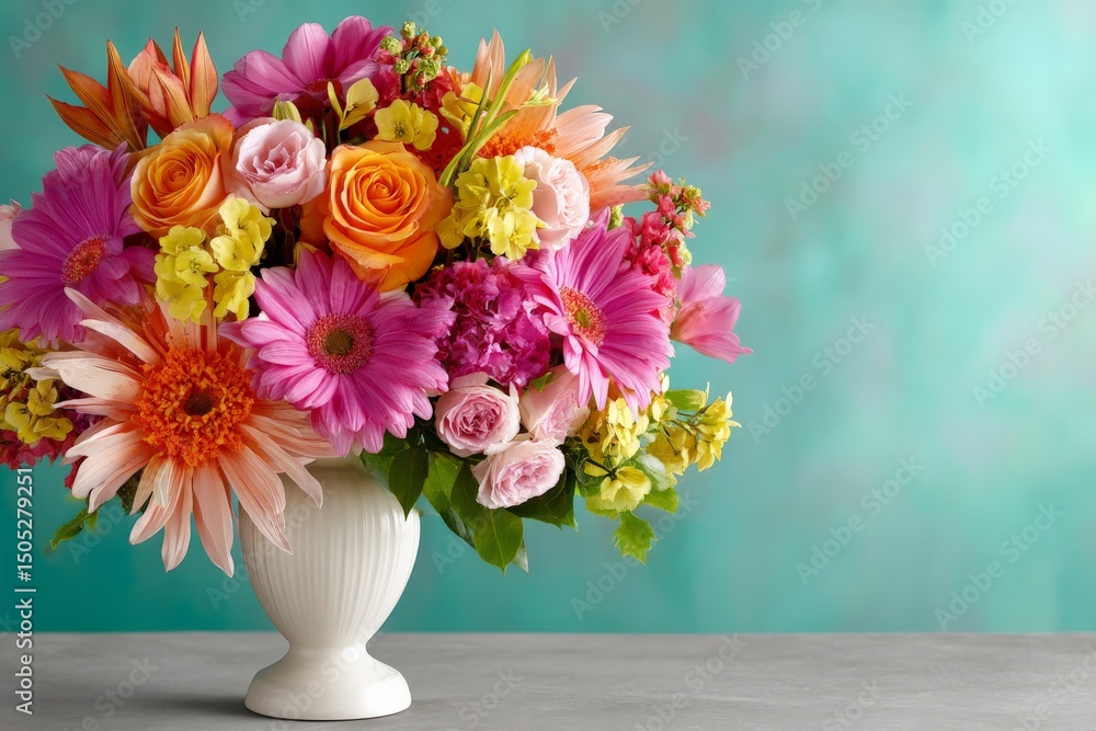 Fototapeta premium Bright and vibrant flower arrangement in a white vase set against a colorful background