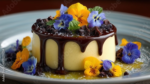 Light and airy passion fruit mousse with dark chocolate and decorated with edible flowers Von Shootdiem
