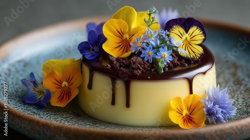 Light and airy passion fruit mousse with dark chocolate and decorated with edible flowers Von Shootdiem