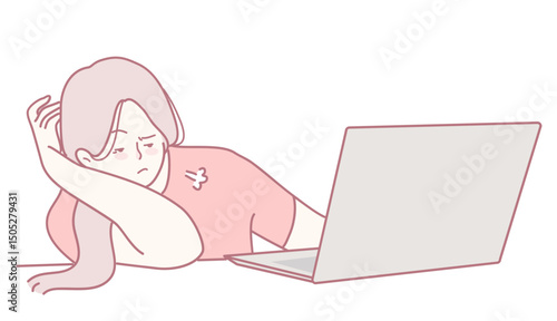 A young woman appears to be utterly bored while using her laptop, which symbolizes frustration and monotony she feels