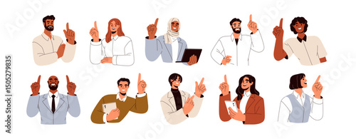 Business people pointing up with finger, set. Male and female professionals presenting, showing with upward hand gesture, explaining, advertising. Flat vector illustration isolated on white background