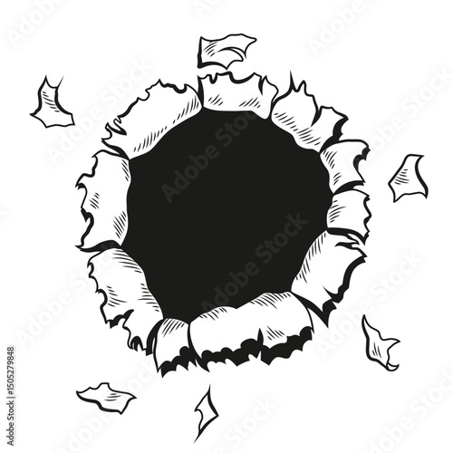 Comic book hole in coloring style. Vector paper is torn through boom explosion. Circle hole in the middle on color background. Comic style cover template or flyer wallpapers