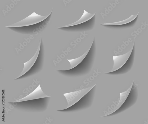 Curled paper corners. Curve page corner, pages edge curl and bent papers sheet with realistic shadow. Paper corner folds isolated on white background