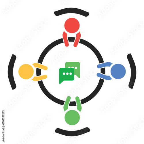 An illustration depicts four individuals of different colors sitting around a circular table, engaged in a discussion represented by green chat bubbles in the center.