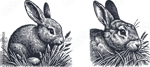 Engraving Style Illustration of a Rabbit Nibbling on Grass – Detailed Hand-Drawn Woodland Animal Design in Retro Woodcut Aesthetic
