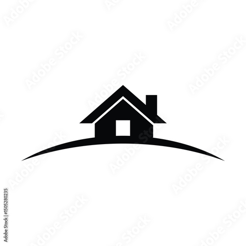 A minimalist black house icon is situated on a gently curved hill, creating a simple yet effective visual representation of home and property.