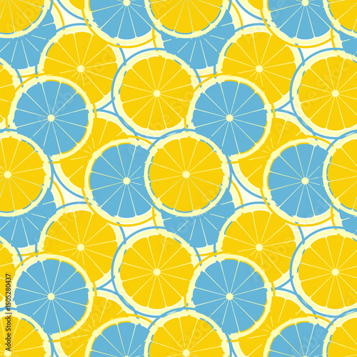 Bright summer pattern with citrus slices, fresh juice, summer vibe. Blue and orange colors. Juicy pattern.