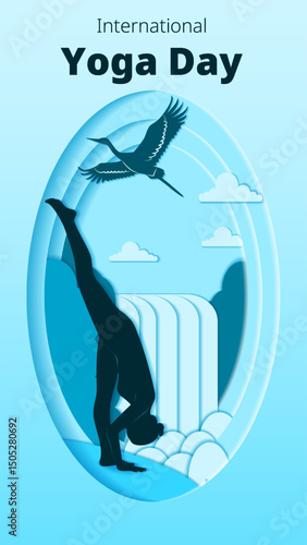 International Yoga Day. Vertical template. Urdhva Prasarita Eka Padasana pose. Standing Splits pose. Paper cut design. Isolated vector illustration