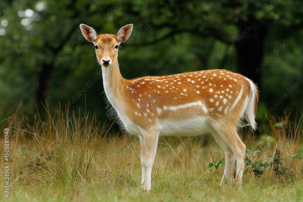 Soft-furred deer stands gracefully in lush green field during sunny day Soft-furred deer stands gracefully in lush green field during sunny day