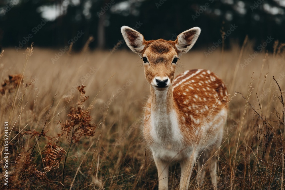 Obraz premium Fawn stands gracefully in a golden meadow during early morning light in a tranquil natural setting