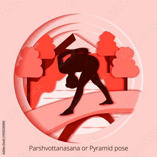 International Yoga Day. Parshvottanasana pose. Pyramid pose or Intense Side Stretch pose. Paper cut design. Isolated vector illustration.