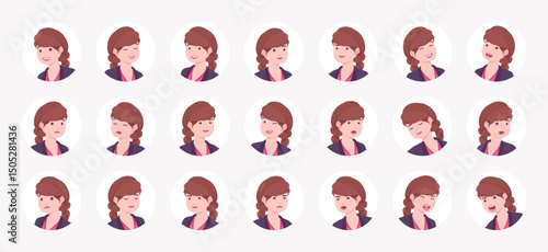 Businesswoman, braided hairstyle long hair adult female avatar portrait set, office woman manager bundle. Feelings, face emotion icons, player character mood, user pic circles. Vector illustration