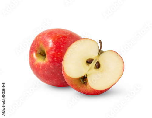 Red fresh apple and a half isolated. Pink lady apples and a cut with clipping path.