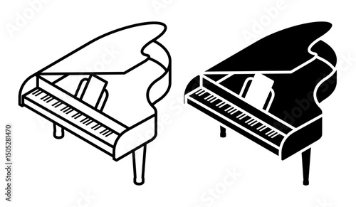 Linear icon, isometric concert piano royal top view. Pianist place under spotlights on stage. Simple black and white top view vector isolated on white background