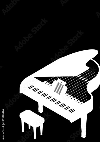 Isometric concert white piano royal top view vertical poster A4. Pianist place under spotlights on stage. Minimalistic black and white 3D vector concept isolated on black background