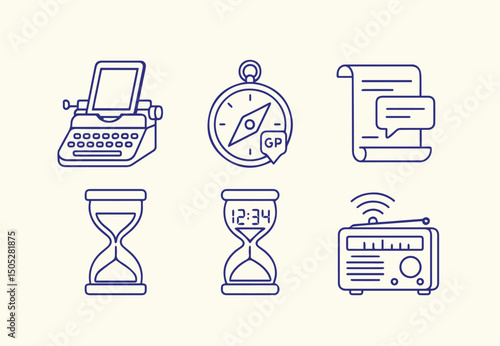 A curated collection of iconic symbols representing time, communication, and navigation, presented in a clean, modern line art style.