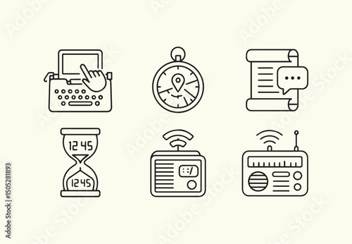 A sleek, minimalist icon set featuring symbols of time, communication, and technology. Includes a typewriter, hourglass, clock, radio, and message scroll.