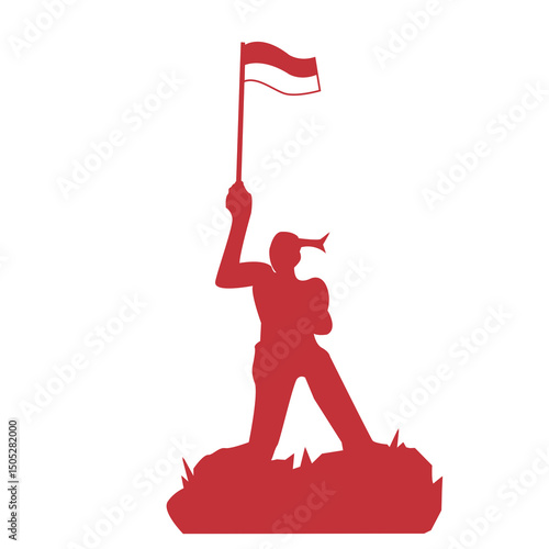 Red silhouette of a person waving a simple red and white flag