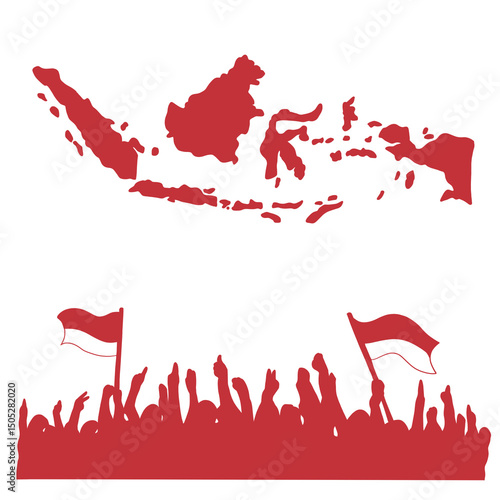 Red silhouette of many people waving red and white flags and red silhouette of simple indonesia map